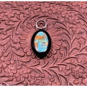 Sterling Silver Jay King DTR Inlaid Onyx Pendant Signed 2” Southwestern Style